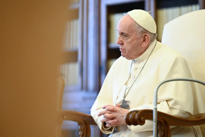 Pope Francis at his general audience address in the library of the Apostolic Palace May 5, 2021.